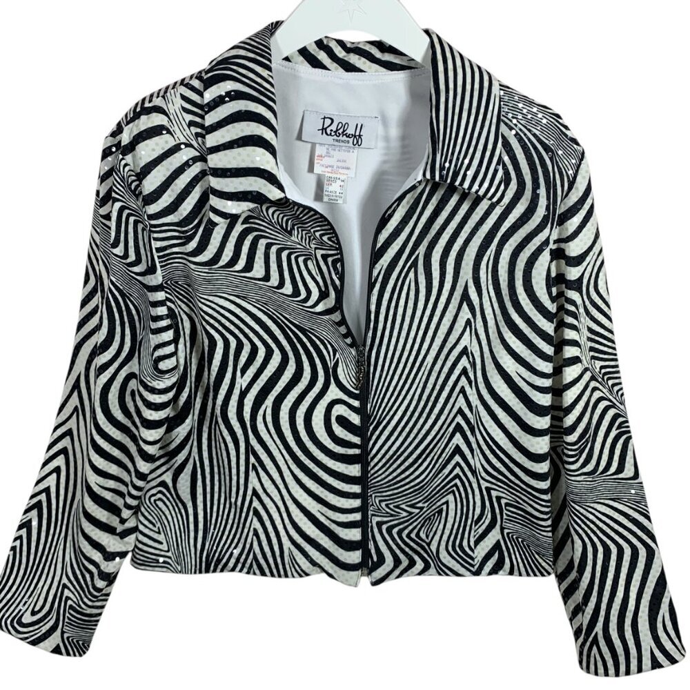 Joseph Ribkoff Jacket Size 14 Animal Print Black & white Sequins Full Zip